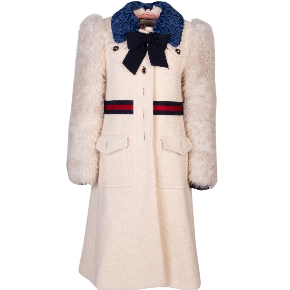 GUCCI Tweed Coat US8 IT44 L Wool Blend Lamb Fur Sleeve & Collar Web NEW W/ Defec